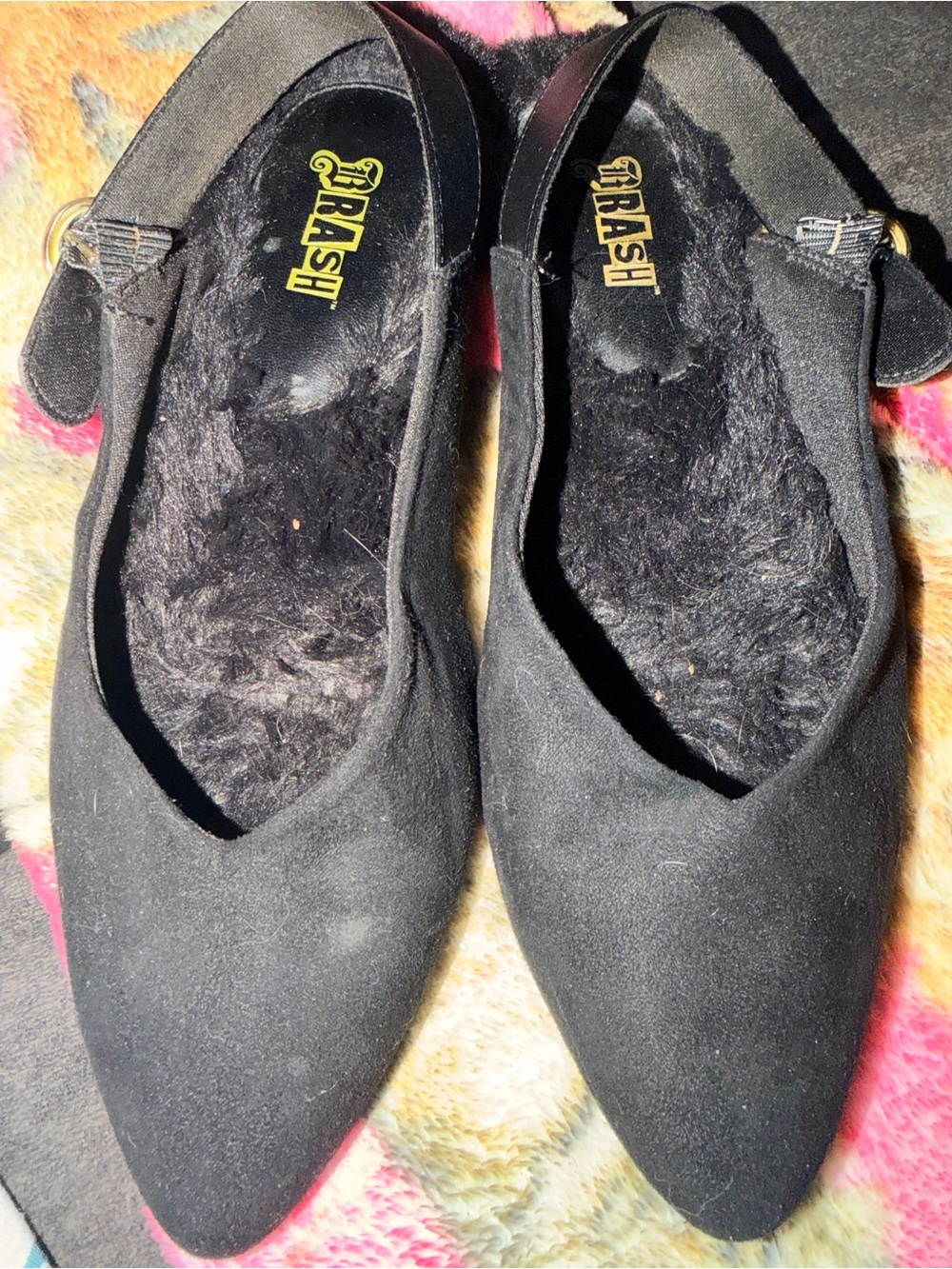 Black Faux Fur-Lined Pointed Toe Mary Jane Flats